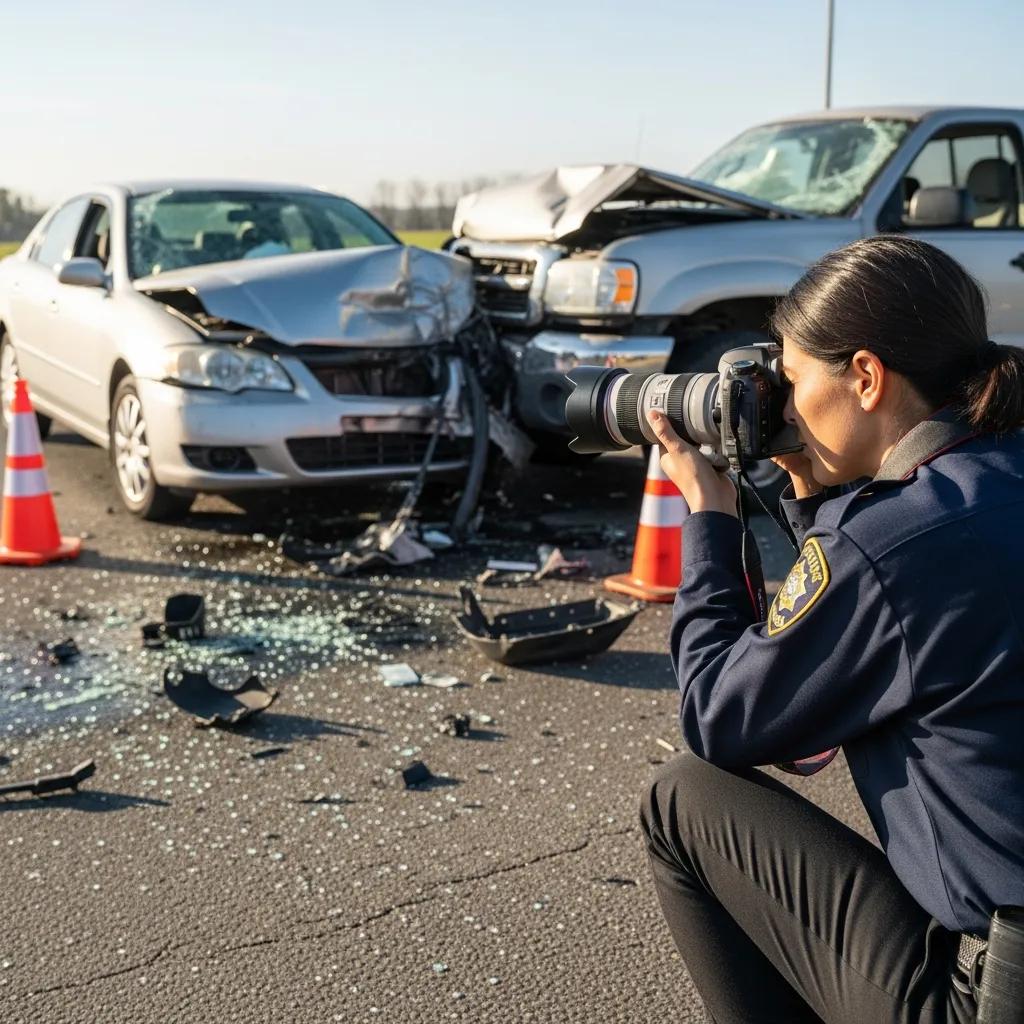 Persona que documenta la escena de un accidente automovilístico tomando fotografías de los daños del vehículo y los detalles.