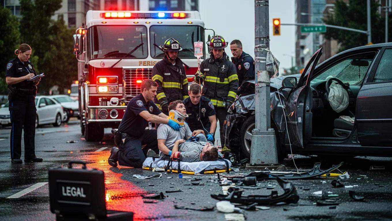 Personal de emergencia prestando asistencia en el lugar de un accidente automovilístico, haciendo hincapié en la importancia de la representación legal.