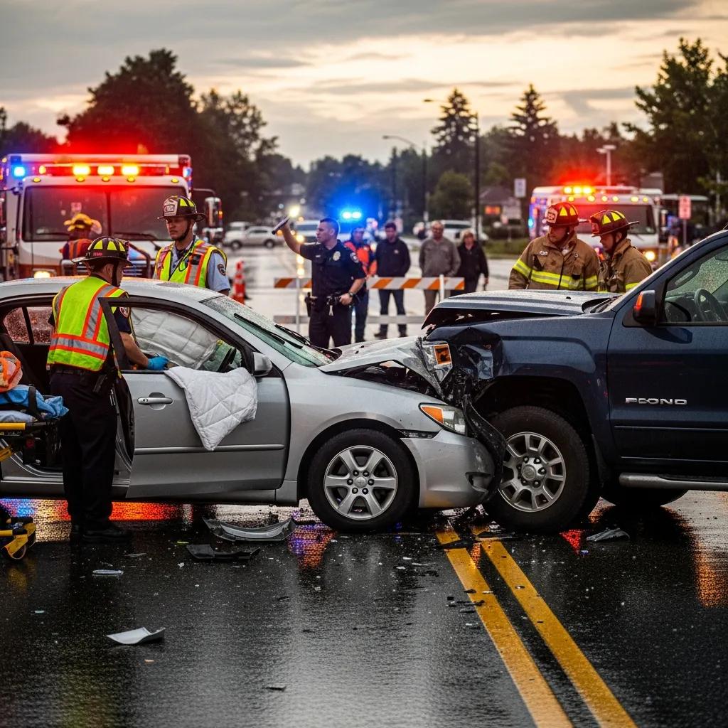 Escena de accidente automovilístico con personal de emergencia y vehículos, haciendo hincapié en las medidas de seguridad inmediatas.