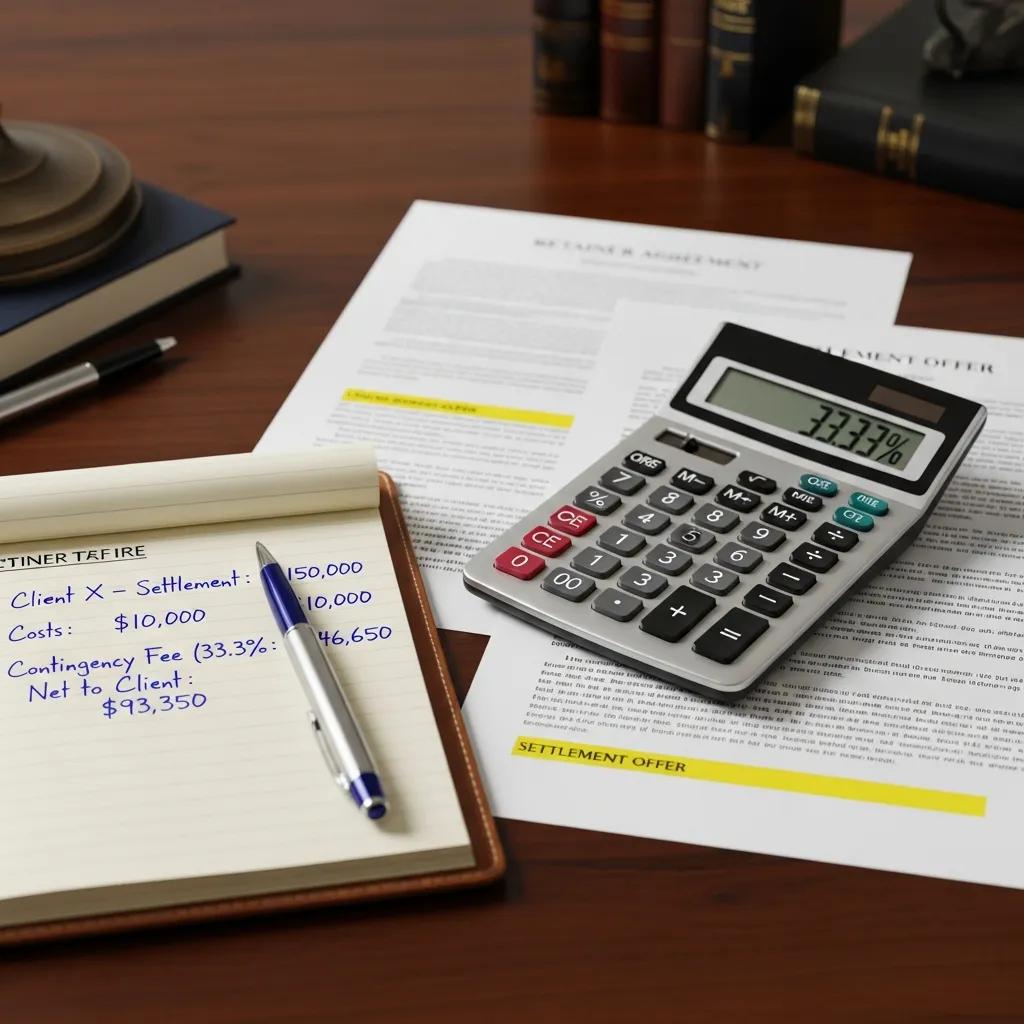 Calculadora y documentos legales que representan el cálculo de honorarios contingentes.