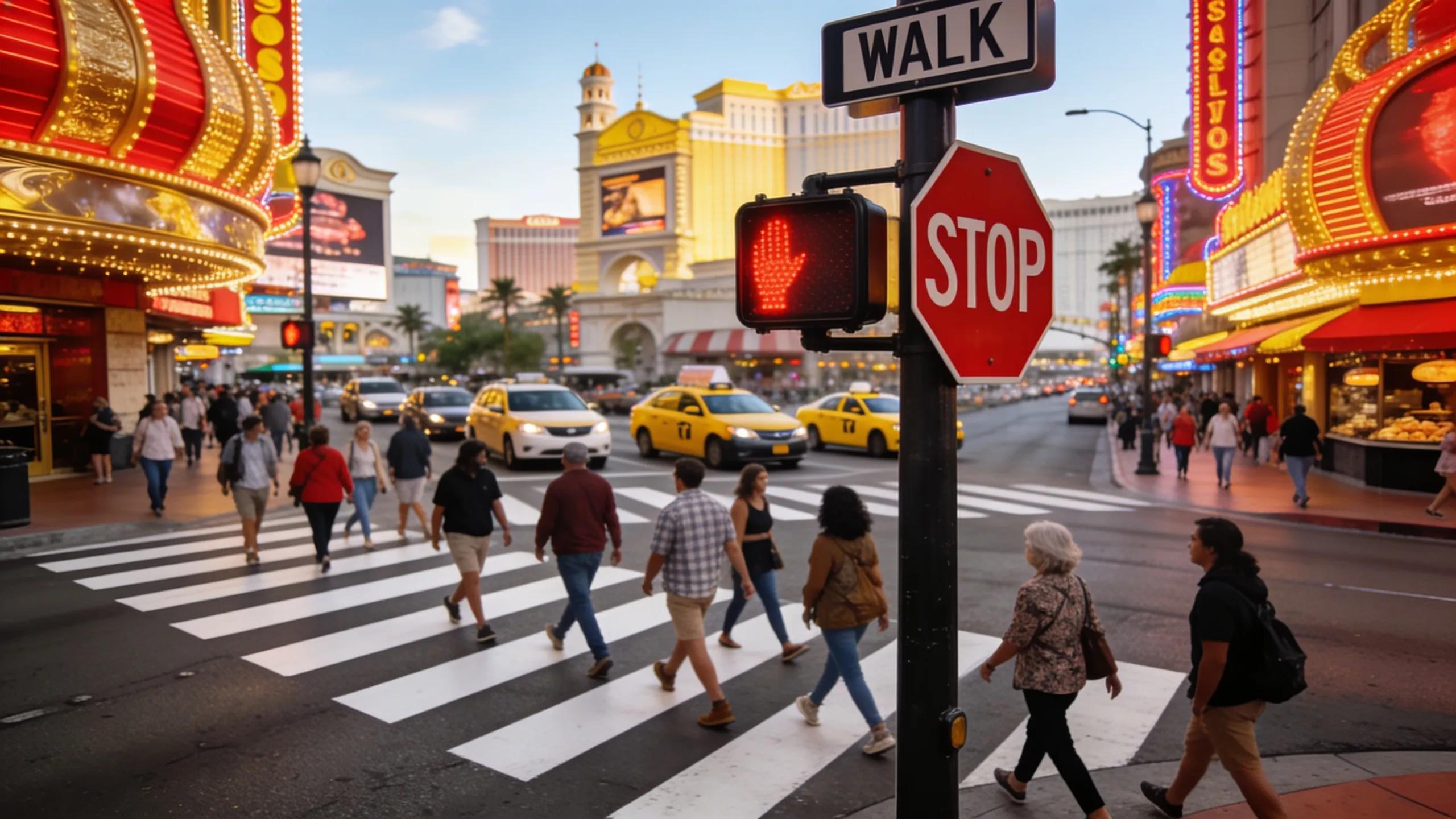 Peatones cruzando de forma segura en un paso de peatones en Las Vegas, destacando los derechos de los peatones.