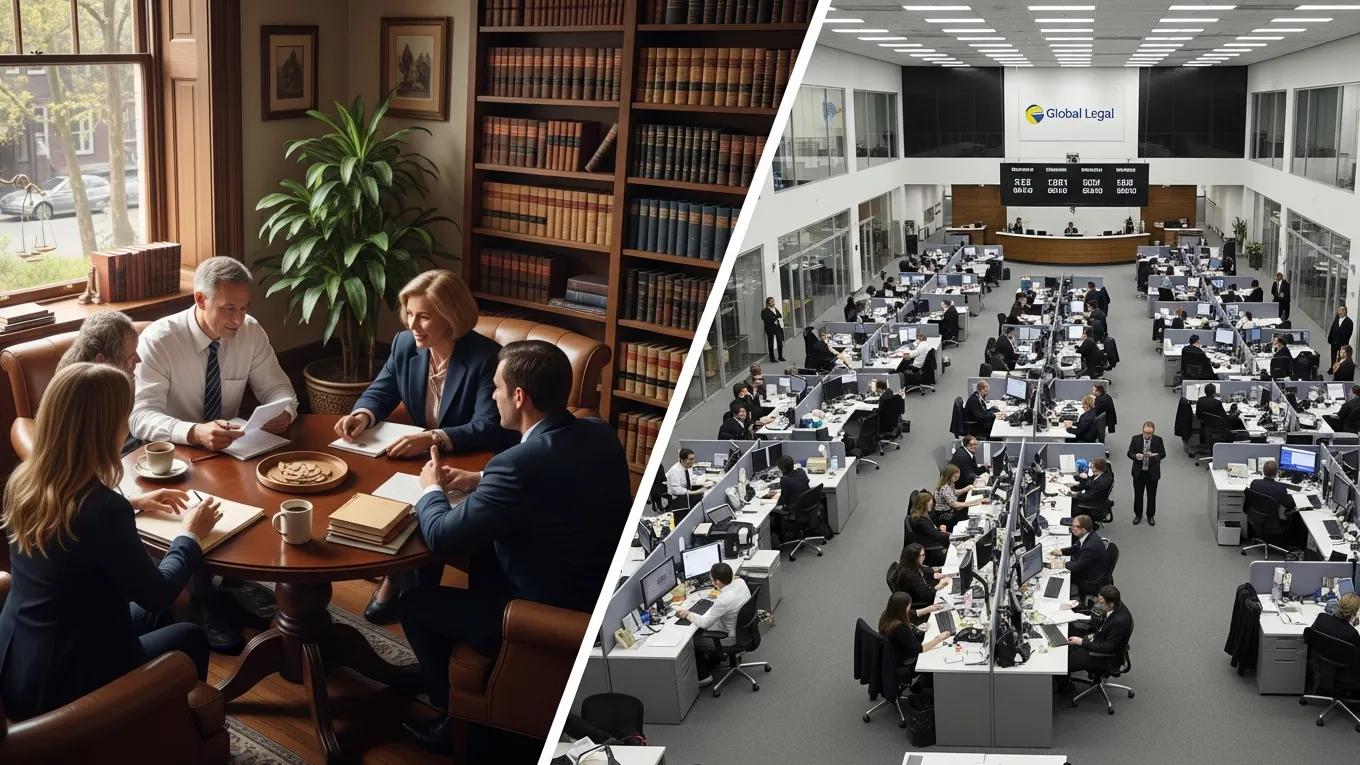 Contrasting environments of boutique and large law firms, illustrating their unique atmospheres
