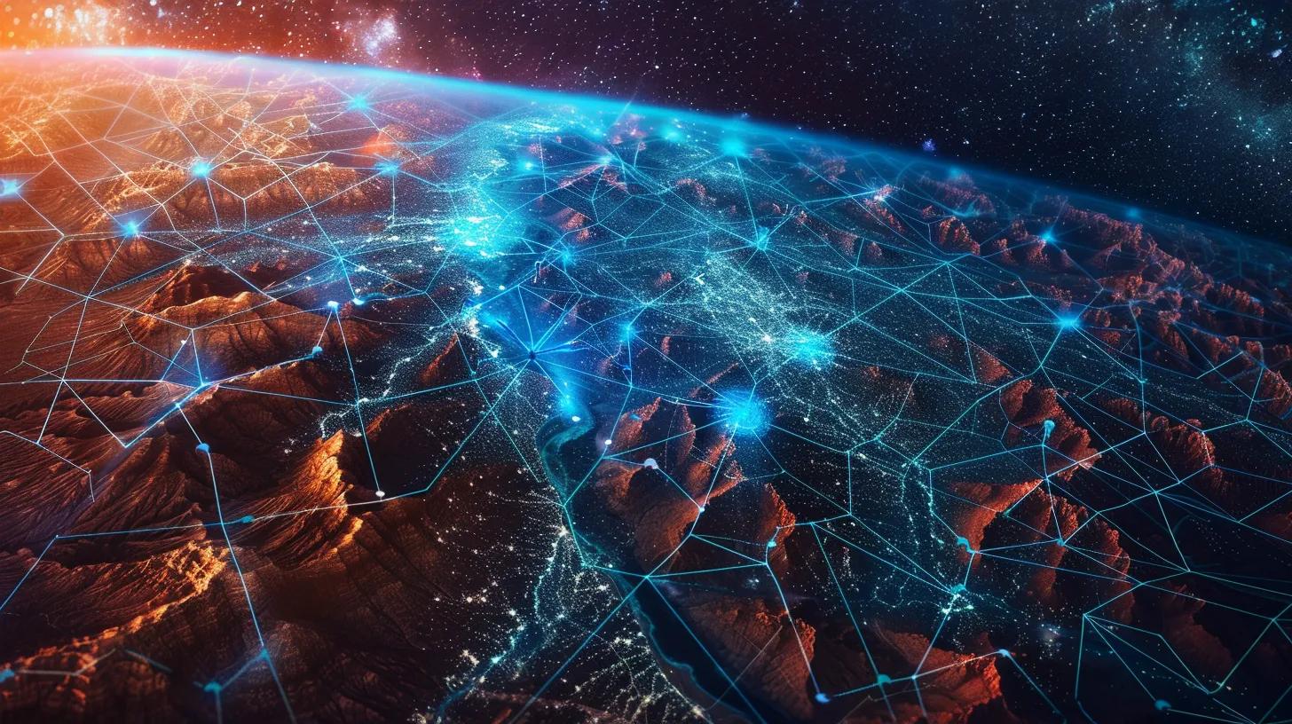 law firm marketing as symbolism. A legal shield being energetically connection to the world over a map that is centered at the state of Nevada. Like it's energizing the networks of nevada and beyond through blue and cyan energy over the brown and red deserts of Nevada.
