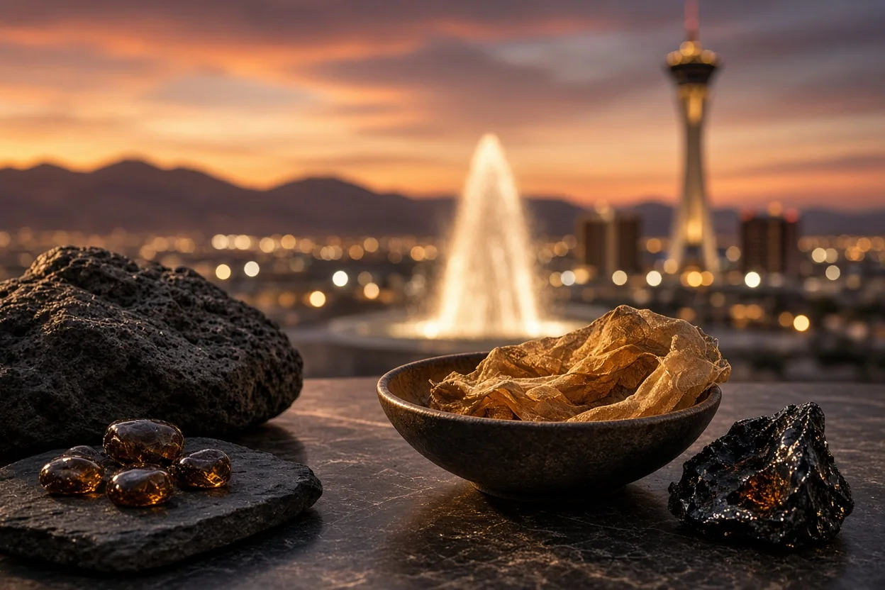 Un cuenco de piedras de color ámbar se encuentra entre rocas oscuras, con una fuente iluminada, el perfil de la montaña y una torre visibles al atardecer.