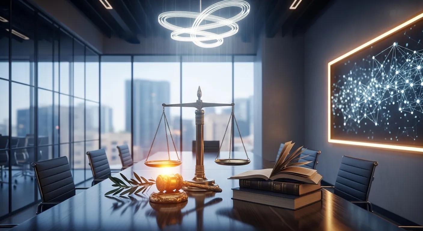 Despacho de abogados moderno que analiza prácticas legales éticas. Solo simbolismo.