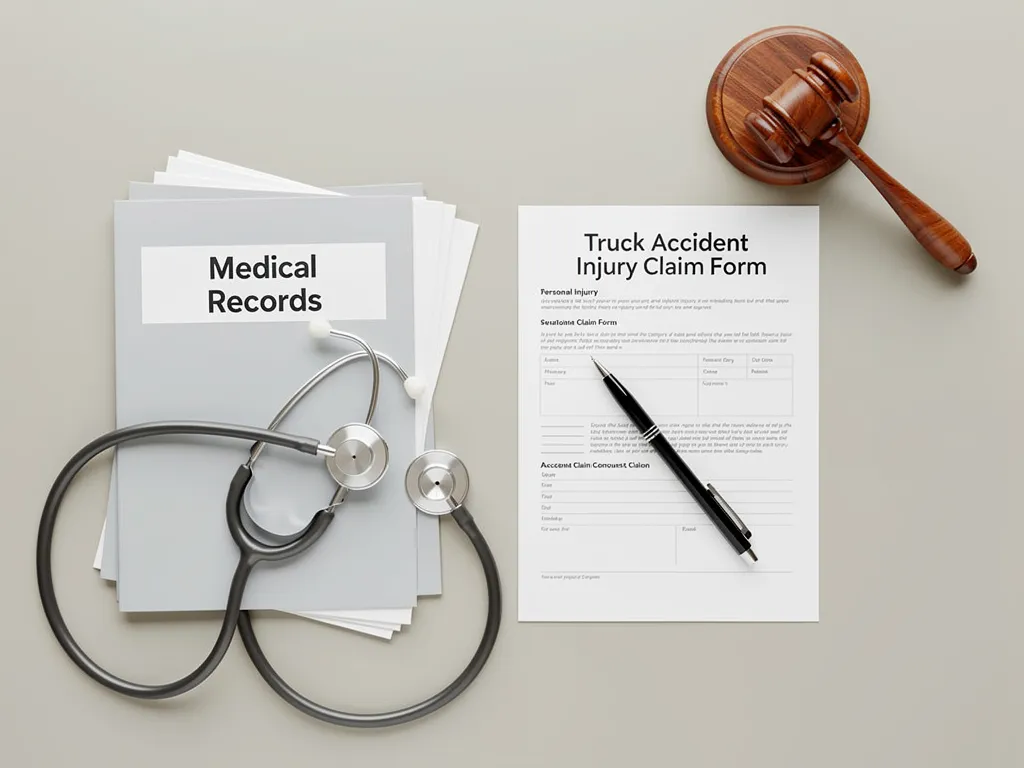 Registros médicos y documentos legales que simbolizan los pasos para presentar una reclamación por accidente de camión.